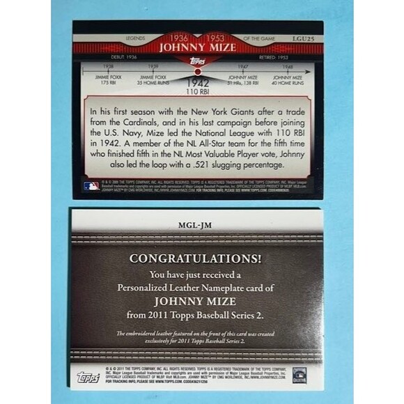 JOHNNY MIZE 2011 Topps Manufactured Leather Nameplate # MGL-JM HOF+2009 #LGU25 - Picture 2 of 4